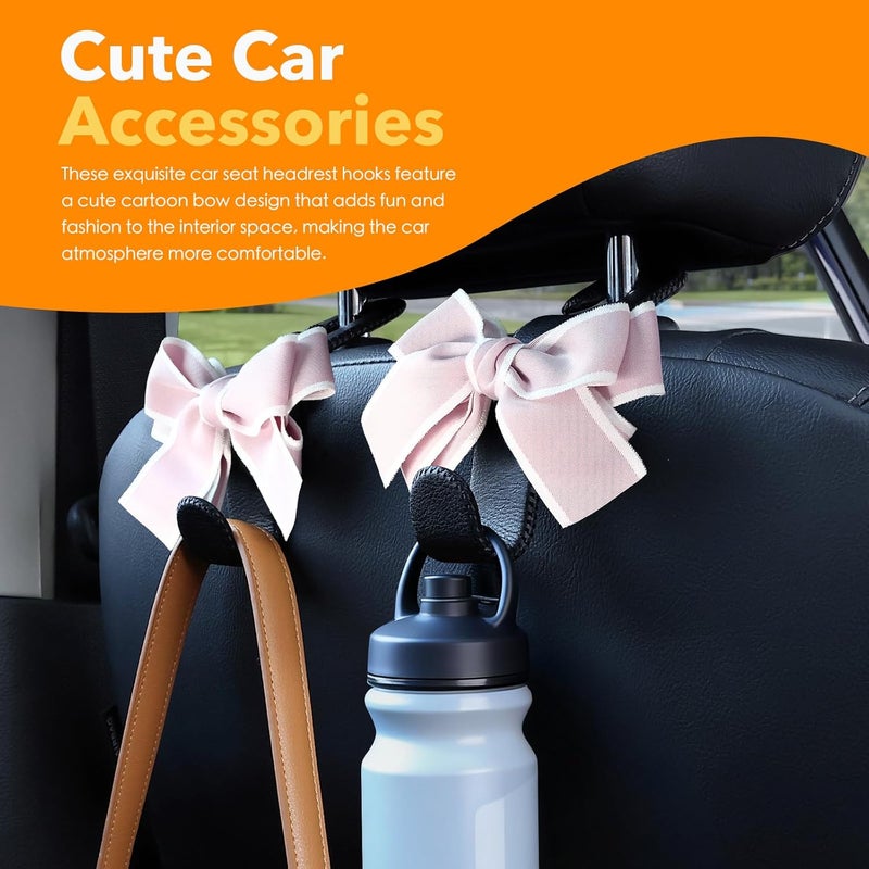 TISOHUGO Car Purse Hook, Cute Bow Hooks for Headrest - Leather U-Shaped Purse Holder for Car, Flexible Seat Back Organizer & Durable Vehicle Accessories for Bags, Coats & More (Black&Pink-2 Pack) - Image 2